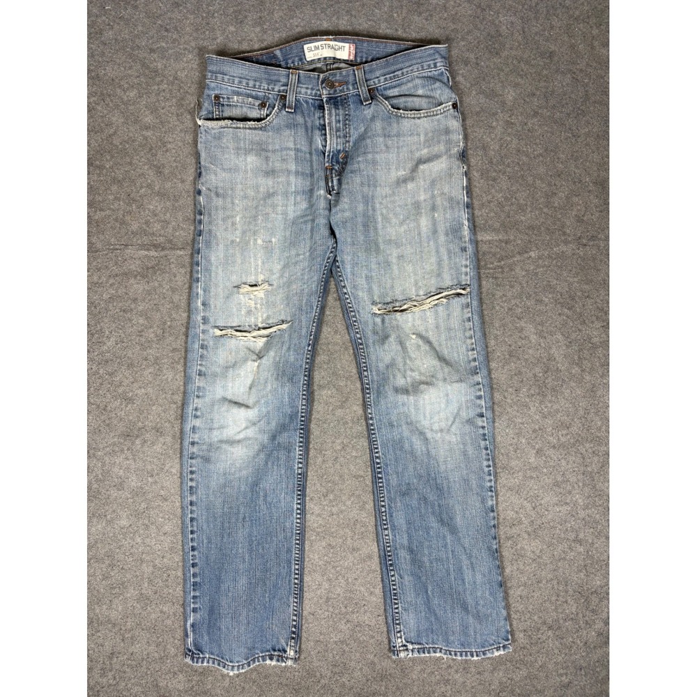 Levis 514 Slim Straight Mens Jeans 32x32 Light Wash Distressed Blue Denim Cotton
